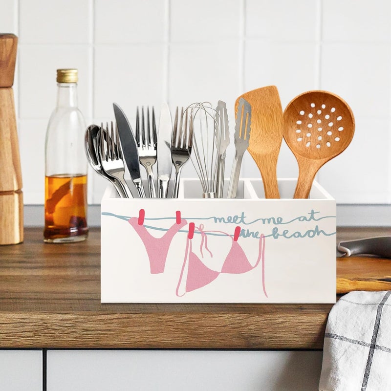 KBRCT Pink Coastal Coquette Beach Cowgirl Wooden Utensils Holder, Girly Meet Me at the Beach Wood Cooking Utensil Holder Organizer for Kitchen Countertop Counter Decor Accessories - Image 5